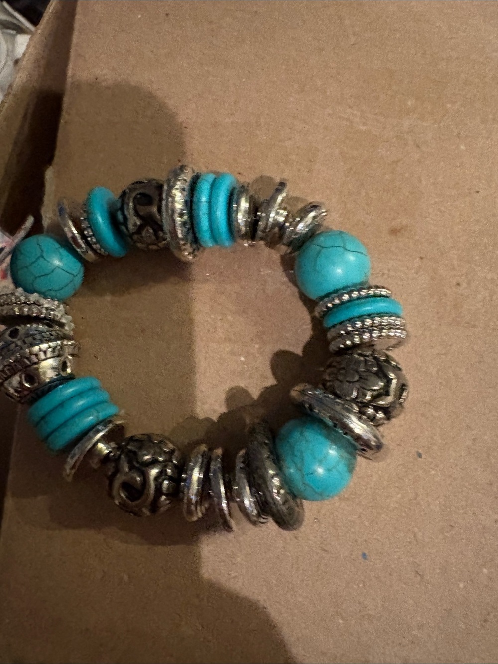 Source Unknown Turquoise and Silver-Tone Beaded Stretch Bracelet